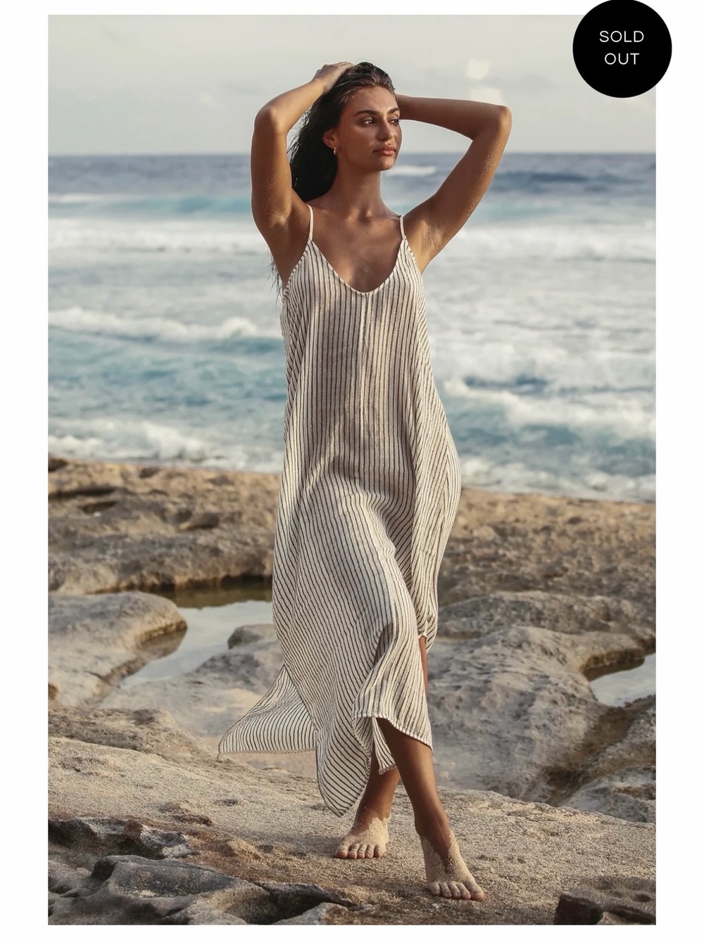 The handloom Striped black and beige Slip Dress -one size